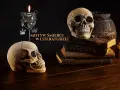 Dwa ludzkie czaszki, świeca i stare księgi tworzą mroczną scenę, podkreślając motyw śmierci w literaturze.