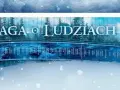 Saga o ludziach ziemi, zimowy krajobraz z lasem i rzeką, okładki książek z tytułem.
