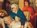 Obraz przedstawia scenę Piety, gdzie Matka Boża trzyma martwe ciało Jezusa. To właśnie "stabat mater dolorosa" - stojąca matka bolesna.