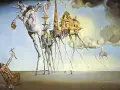 Długonogie słonie i koń unoszą się nad pustynią. To przykład, jak wygląda surrealizm co to za nurt.