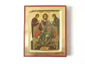 Ikona przedstawia motyw Deesis w Bogurodzicy: Chrystus Pantokrator siedzi na tronie między Matką Bożą a św. Janem Chrzcicielem, w złotej poświacie.
