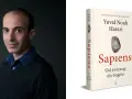 Yuval Noah Harari, autor "Sapiens: Od zwierząt do bogów", na tle. Obok książka z odciskiem palca.