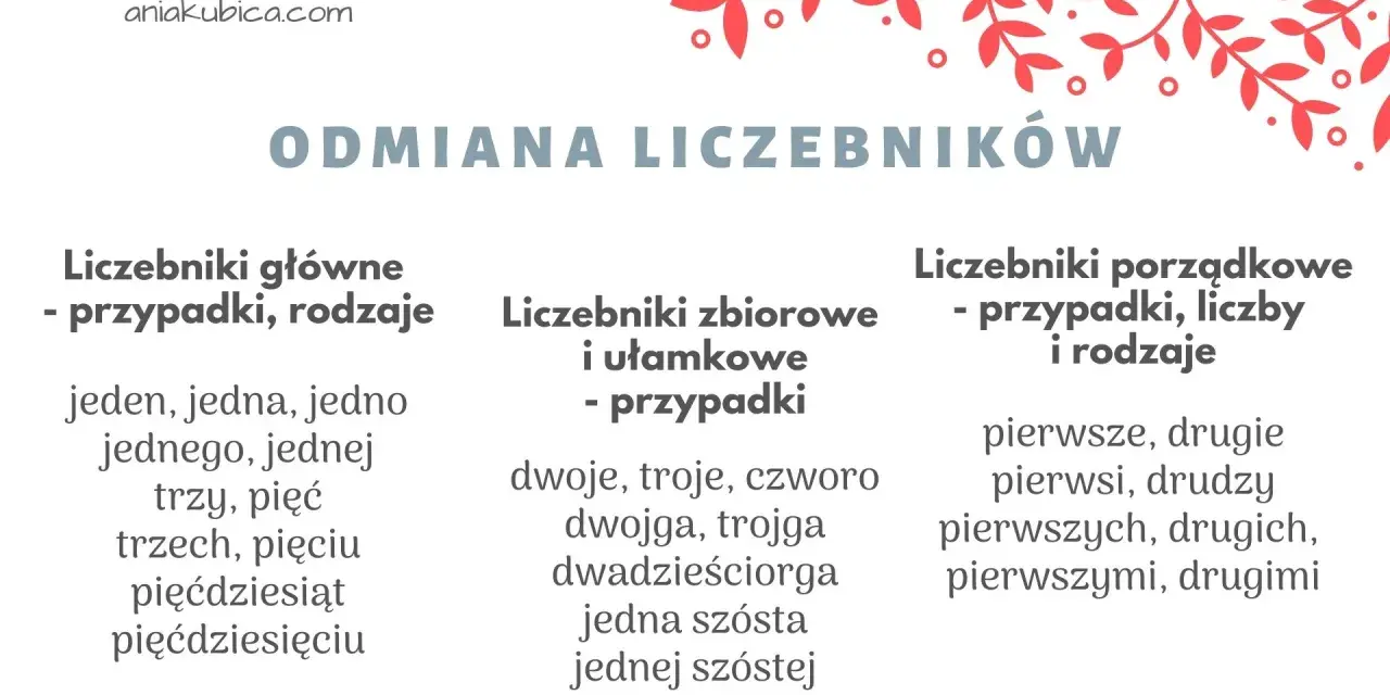 Odmiana liczebników: główne (jeden, trzy), zbiorowe (dwoje, trojga) i porządkowe (pierwsze, drudzy).