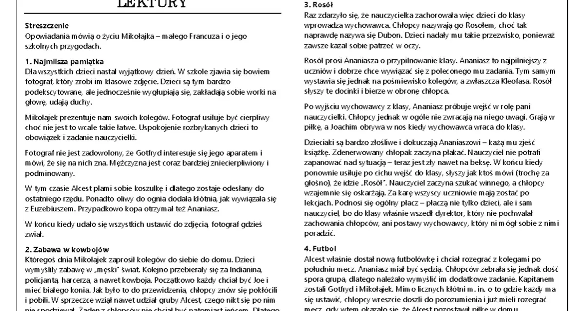 Mikołajek lektura klasa 4: przygody małego Francuza, szkolne psoty, zabawy w kowbojów i mecz piłki nożnej.