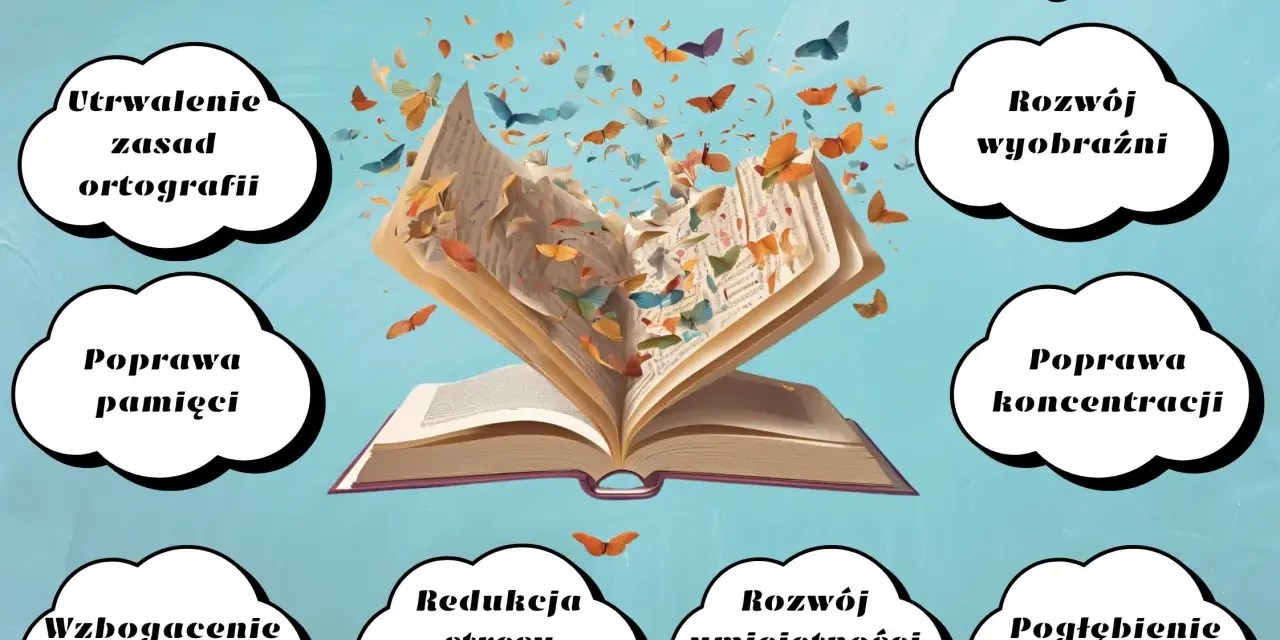 Otwarta księga, z której wylatują motyle i liście, symbolizuje korzyści płynące z czytania, które obchodzimy w światowy dzień książki i praw autorskich.