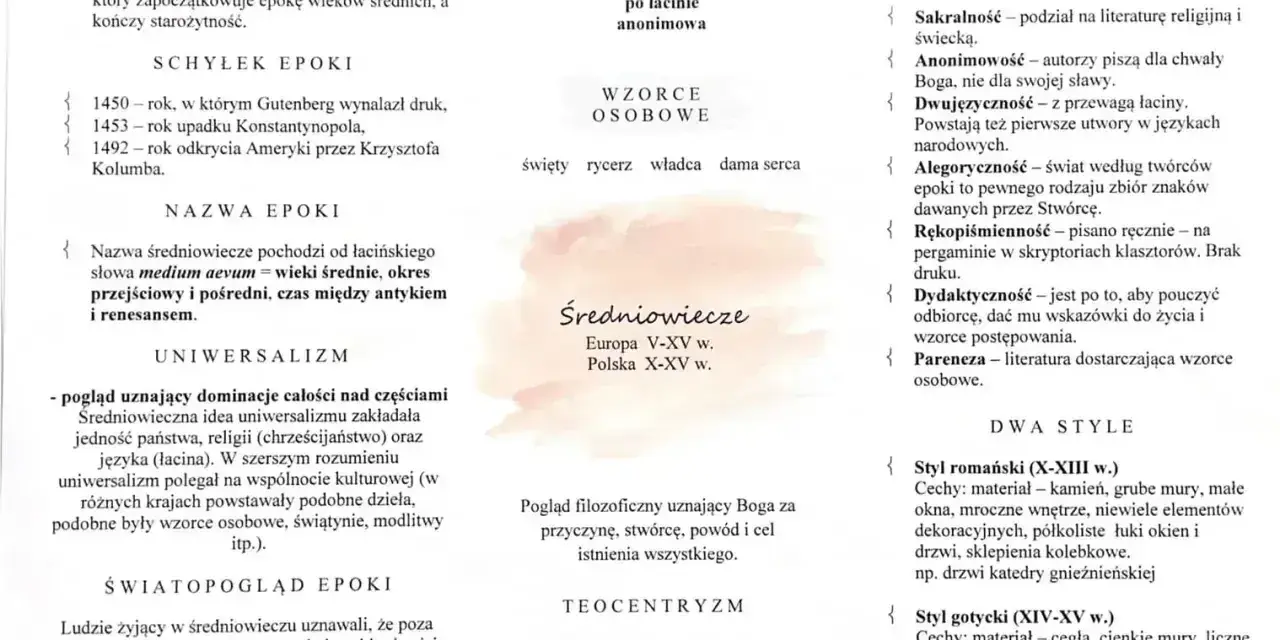 Cechy literatury średniowiecznej: sakralność, anonimowość, alegoryczność, rękopiśmienność, dydaktyczność. Epoka trwała od V do XV wieku.