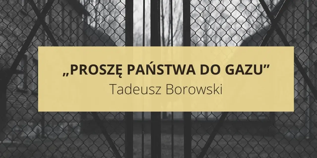 Proszę państwa do gazu" Tadeusza Borowskiego. Obraz przedstawia fragment muru i siatki, symbolizujące zamknięcie i grozę.