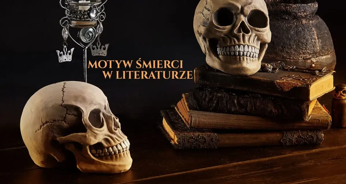 Dwa ludzkie czaszki, świeca i stare księgi tworzą mroczną scenę, podkreślając motyw śmierci w literaturze.