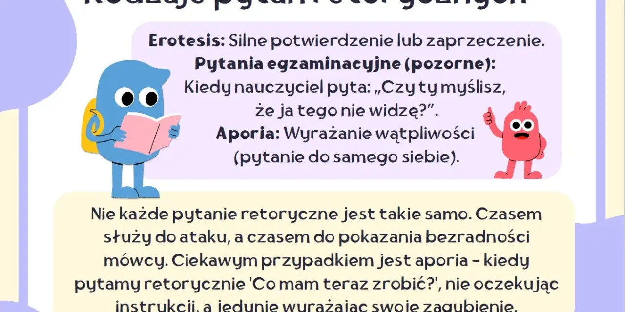 Rodzaje pytań retorycznych: erotesis, pytania pozorne i aporia. Aporia to pytanie retoryczne wyrażające wątpliwość, np. "Co mam teraz zrobić?".
