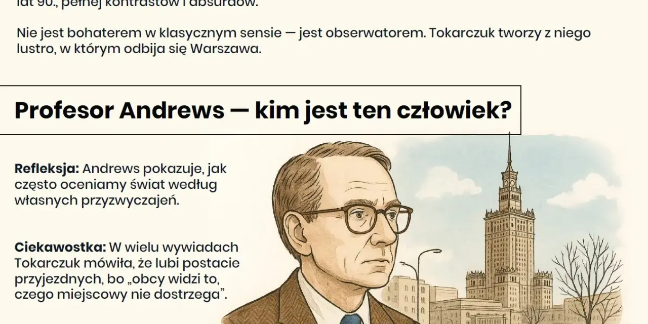 Profesor Andrews w Warszawie, brytyjski obserwator w kraju kontrastów. Ilustracja przedstawia portret profesora na tle Pałacu Kultury.