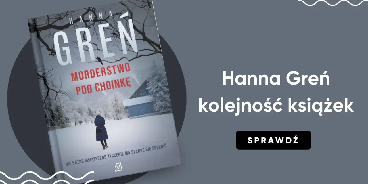 Okładka książki Hanny Greń "Morderstwo pod choinkę" i informacja o kolejności książek autorki.