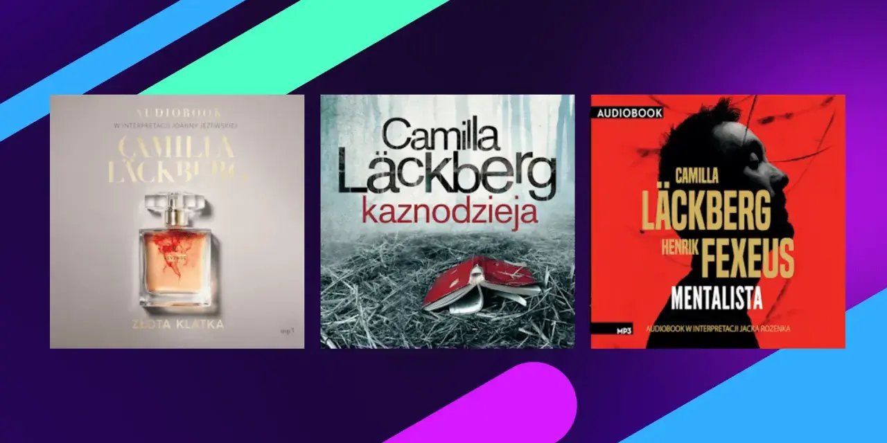 Okładki audiobooków z serii Camilla Läckberg: "Złota klatka", "Kaznodzieja" i "Mentalista" (współautorstwa z Henrekiem Fexeusem).