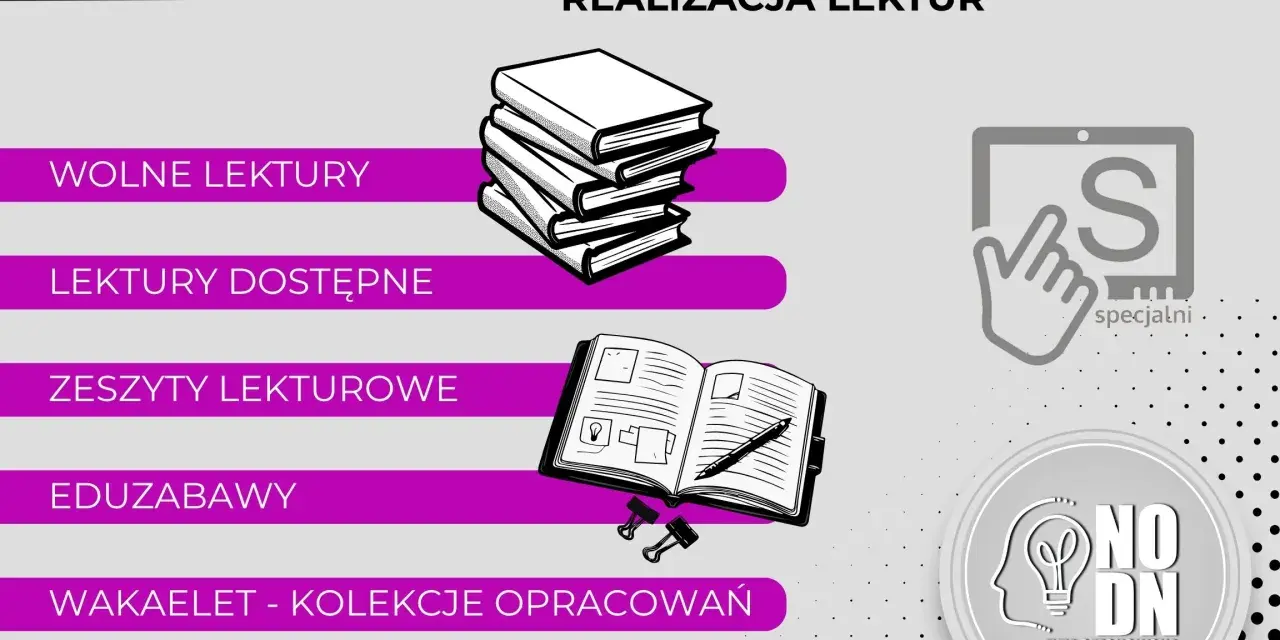 Narzędzia do realizacji lektur w klasie liceum: wolne lektury, zeszyty, edukacyjne zabawy i kolekcje opracowań.