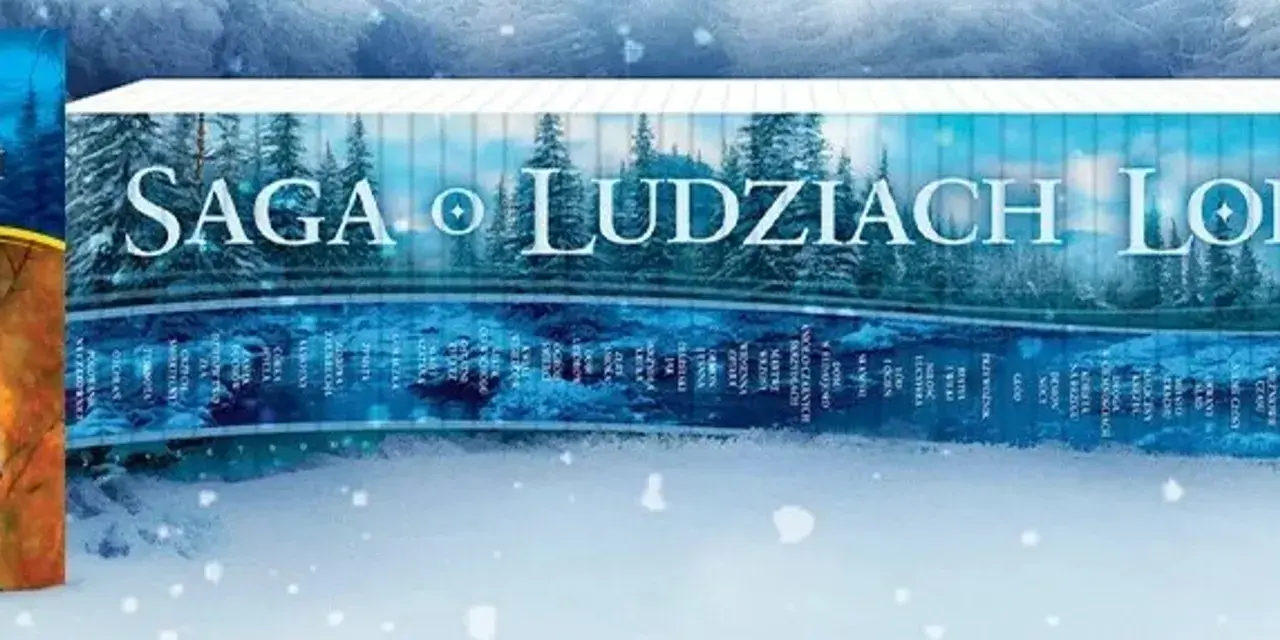 Saga o ludziach ziemi, zimowy krajobraz z lasem i rzeką, okładki książek z tytułem.