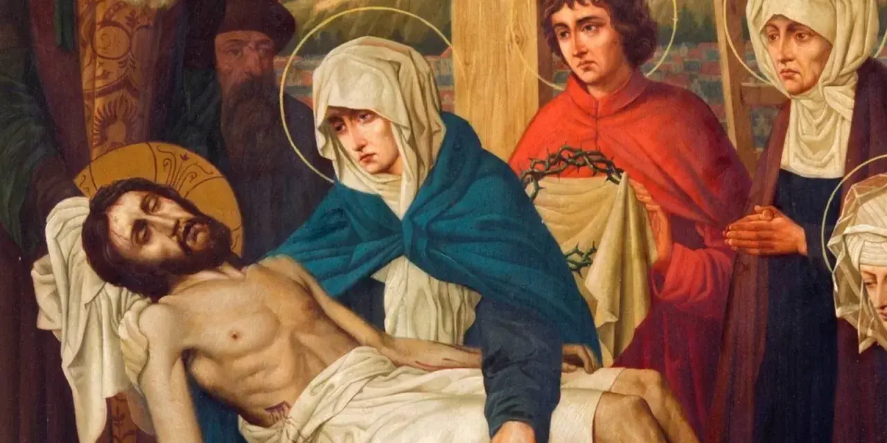 Obraz przedstawia scenę Piety, gdzie Matka Boża trzyma martwe ciało Jezusa. To właśnie "stabat mater dolorosa" - stojąca matka bolesna.