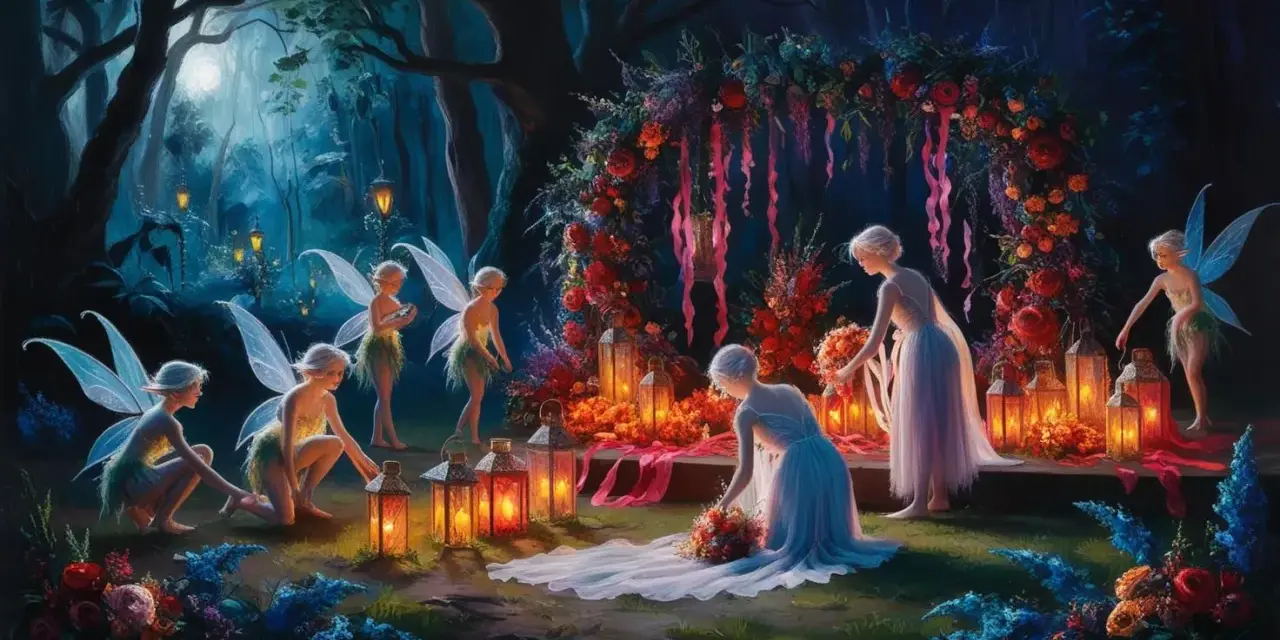 Wróżki przygotowują magiczną ceremonię w lesie, niczym ze streszczenia "Snu nocy letniej".