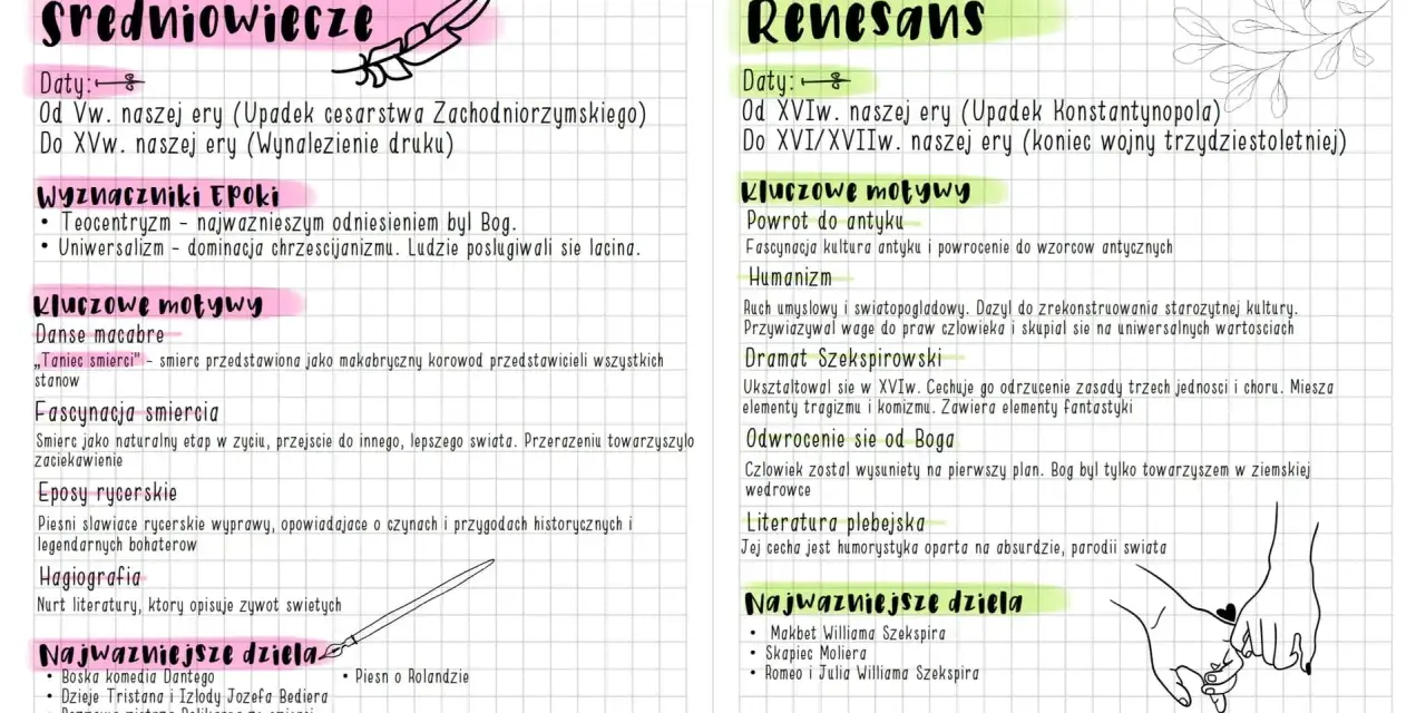 Renesans: powrót do antyku, humanizm, dramat Szekspirowski (np. Makbet). Epoka ta, w przeciwieństwie do średniowiecza, skupiała się na człowieku.