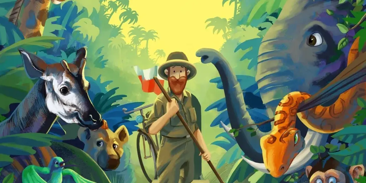 Afryka Kazika streszczenie: Odkrywca z polską flagą w dżungli otoczony przez zwierzęta: słonia, żyrafę, okapi, węża, małpę i ptaka.