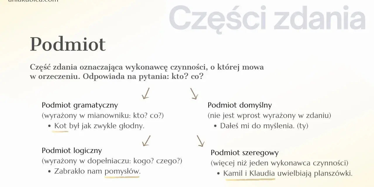 Podmiot to część zdania, wykonawca czynności. Poznaj jego rodzaje: gramatyczny, logiczny, domyślny, szeregowy.