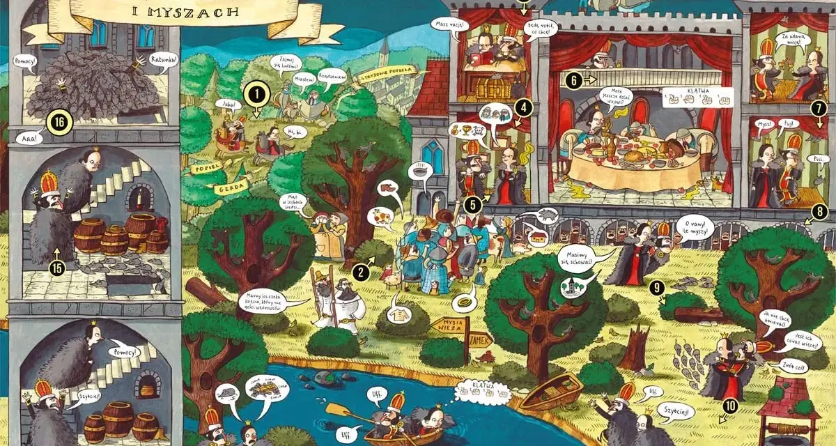 Ilustracja przedstawia legendy polskie dla dzieci o Księciu Popielu i myszach. Widać zamek, rzekę i las, a także sceny z opowieści.