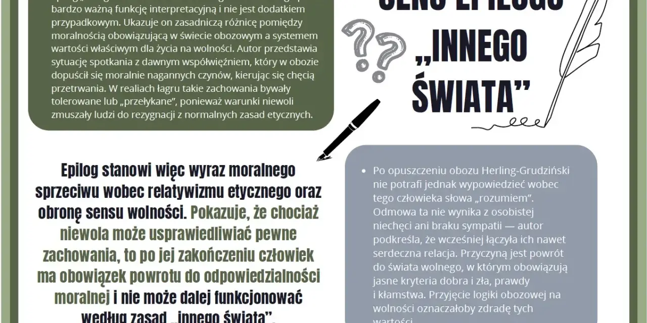 Epilog „Innego świata” to kluczowy element interpretacyjny, ukazujący konflikt moralności obozowej i wolności.