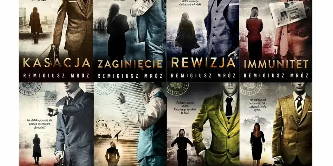 Książki Remigiusza Mroza: Kasacja, Zaginięcie, Rewizja, Immunitet, Inwigilacja, Oskarżenie, Testament, Kontratyp. Mroźny klimat i prawnicze zagadki.