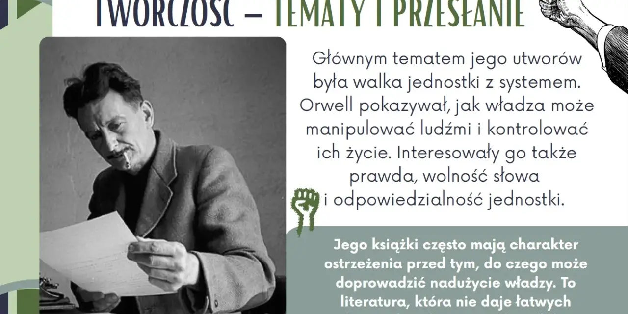 Eric Arthur Blair, znany jako Orwell, na zdjęciu czyta dokument. Jego twórczość skupiała się na walce jednostki z systemem.