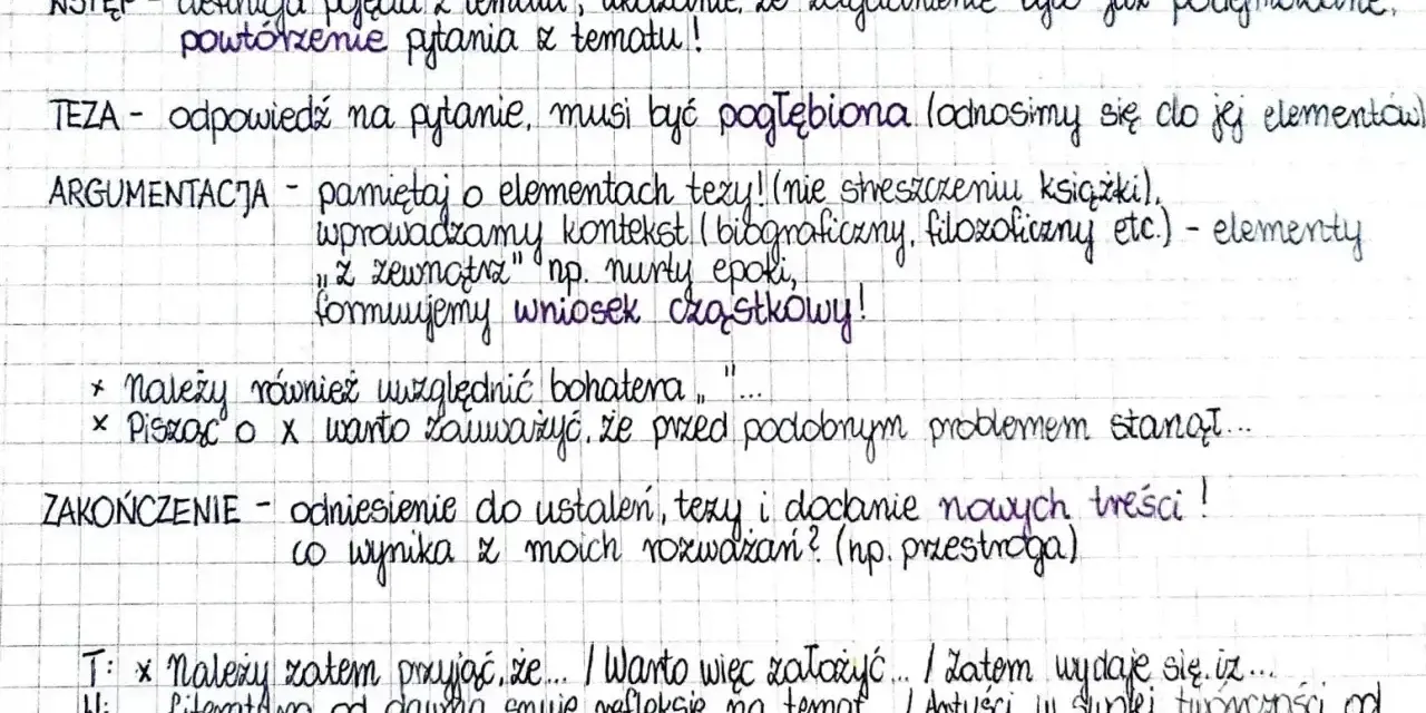 Notatki do pisania rozprawki: wstęp, teza, argumentacja, zakończenie. Podkreślone kluczowe elementy, które pomogą w tworzeniu tekstów na **tematy rozprawek maturalnych**.
