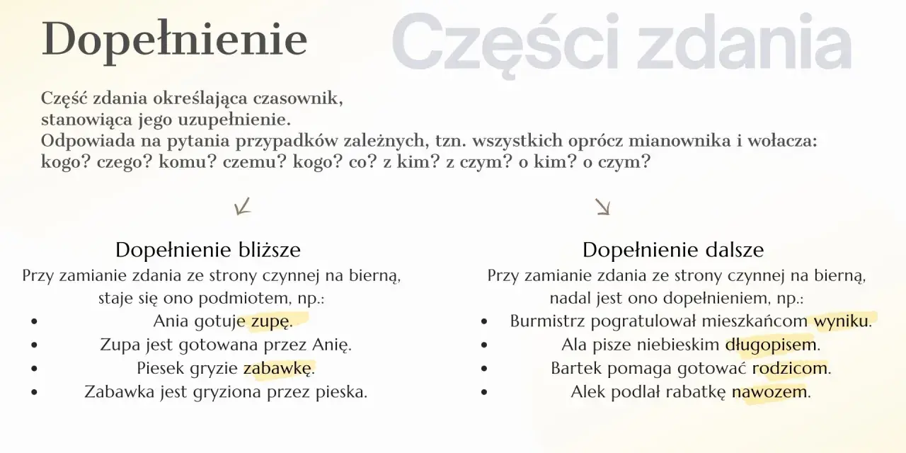 Dopełnienie bliższe i dalsze w zdaniach. Przykłady: Ania gotuje zupę, Burmistrz pogratulował mieszkańcom wyniku.