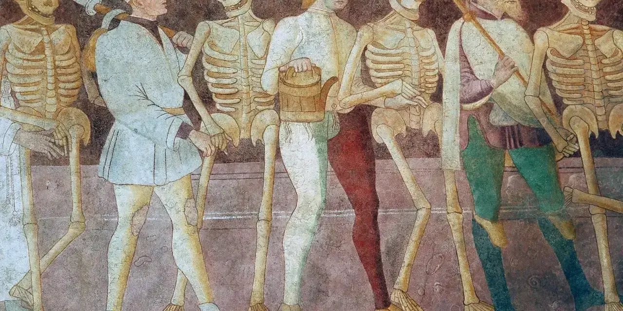 Postać szkieletów i ludzi w średniowiecznych strojach, symbolizująca danse macabre w literaturze.