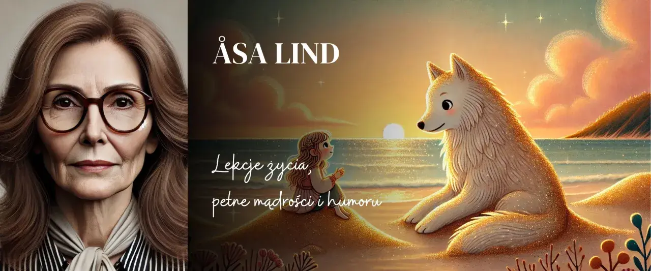 Portret Åsy Lind obok ilustracji z bajki "Piaskowy wilk streszczenie": dziewczynka i wilk na plaży.
