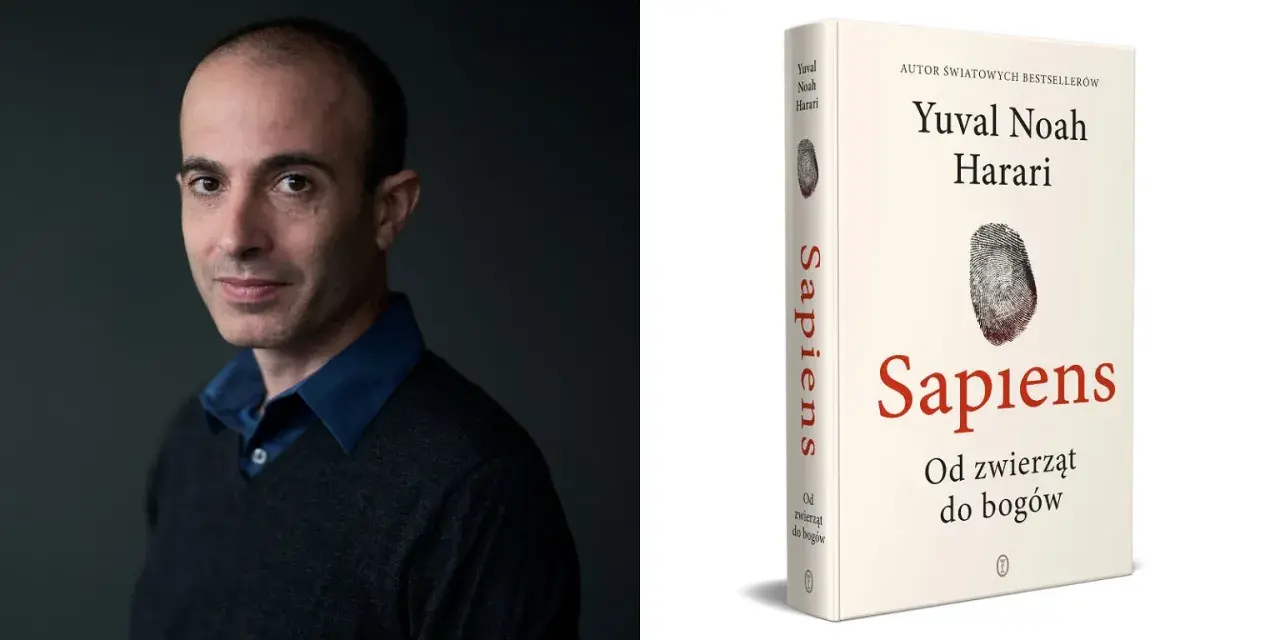 Yuval Noah Harari, autor "Sapiens: Od zwierząt do bogów", na tle. Obok książka z odciskiem palca.