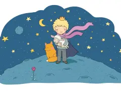 Mały Książę z owieczką i lisem na tle nocnego nieba. Streszczenie szczegółowe tej historii pełnej przyjaźni i miłości.