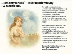 Ilustracja przedstawia dziewczynę w białej sukni, która z bólem na twarzy trzyma dłoń na sercu. Obok niej unosi się duch młodego mężczyzny. Scena ta symbolizuje motyw kobiety w literaturze, jej emocje i uczucia.