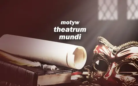 Stara księga, pióro i maska wenecka symbolizują motyw theatrum mundi, gdzie życie jest sceną.