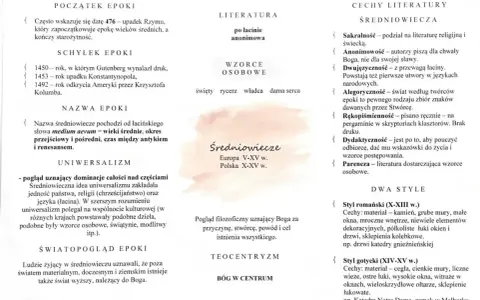 Cechy literatury średniowiecznej: sakralność, anonimowość, alegoryczność, rękopiśmienność, dydaktyczność. Epoka trwała od V do XV wieku.