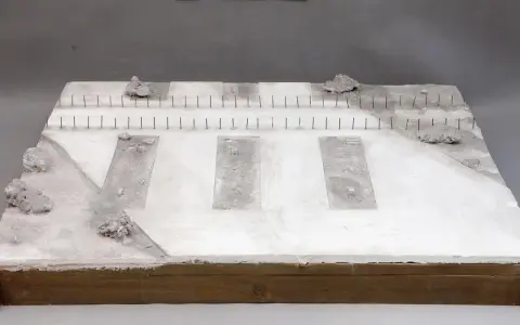 Miniatura terenu przy torze kolejowym z betonowymi płytami i kamieniami.