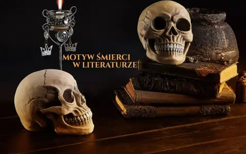 Dwa ludzkie czaszki, świeca i stare księgi tworzą mroczną scenę, podkreślając motyw śmierci w literaturze.