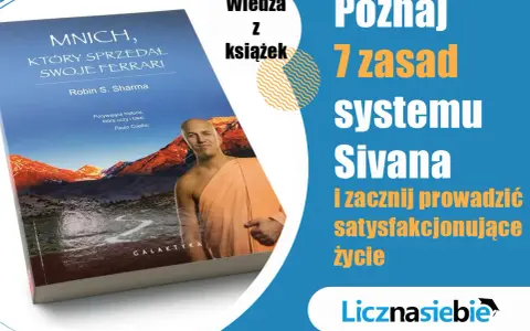 Okładka książki "Mnich, który sprzedał swoje Ferrari" z mnichem w pomarańczowej szacie na tle gór.