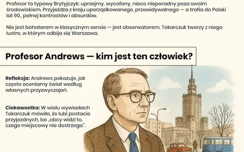 Profesor Andrews w Warszawie, brytyjski obserwator w kraju kontrastów. Ilustracja przedstawia portret profesora na tle Pałacu Kultury.