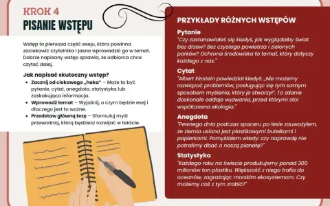 Jak napisać wstęp do eseju? Poznaj sposoby na zaciekawienie czytelnika: pytanie, cytat, anegdota, statystyka.