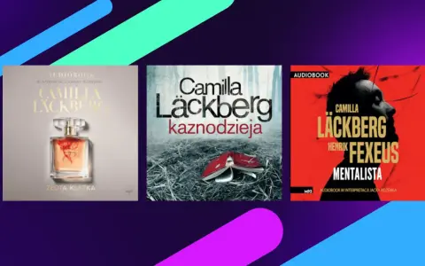 Okładki audiobooków z serii Camilla Läckberg: "Złota klatka", "Kaznodzieja" i "Mentalista" (współautorstwa z Henrekiem Fexeusem).