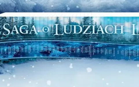 Saga o ludziach ziemi, zimowy krajobraz z lasem i rzeką, okładki książek z tytułem.