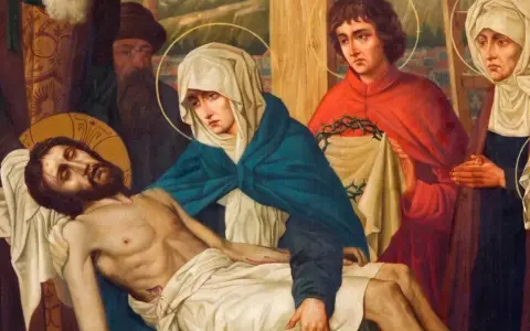 Obraz przedstawia scenę Piety, gdzie Matka Boża trzyma martwe ciało Jezusa. To właśnie "stabat mater dolorosa" - stojąca matka bolesna.