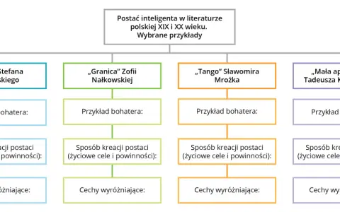 Schemat analizuje postać inteligenta w literaturze polskiej, uwzględniając dzieła Żeromskiego, Nałkowskiej, Mrożka i Konwickiego. "Mała apokalipsa" Konwickiego to jeden z przykładów.