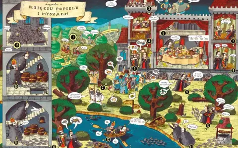 Ilustracja przedstawia legendy polskie dla dzieci o Księciu Popielu i myszach. Widać zamek, rzekę i las, a także sceny z opowieści.