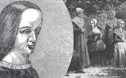 Portret kobiety z epoki, obok grupa kobiet w historycznych strojach. Czy to początek jakiejś intrygującej fabuły?