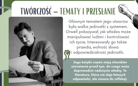 Eric Arthur Blair, znany jako Orwell, na zdjęciu czyta dokument. Jego twórczość skupiała się na walce jednostki z systemem.