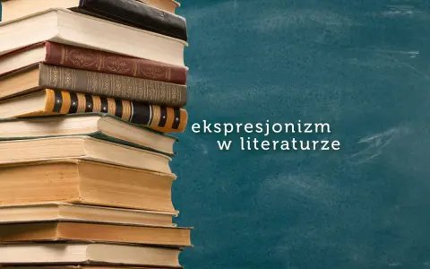 Stos książek obok napisu "ekspresjonizm w literaturze" na tle tablicy.