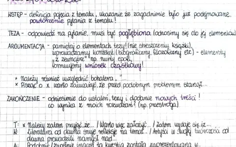 Notatki do pisania rozprawki: wstęp, teza, argumentacja, zakończenie. Podkreślone kluczowe elementy, które pomogą w tworzeniu tekstów na **tematy rozprawek maturalnych**.